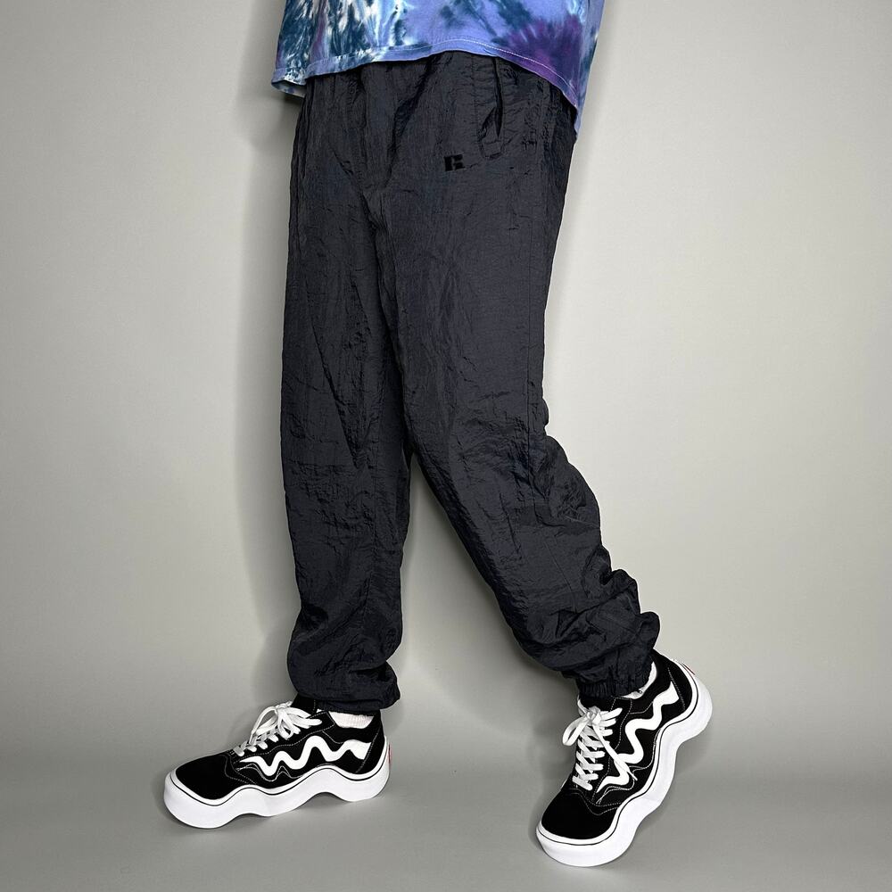 Vintage Y2K Russell Track Pants Mens M Jet Black Nylon Joggers Embroidered